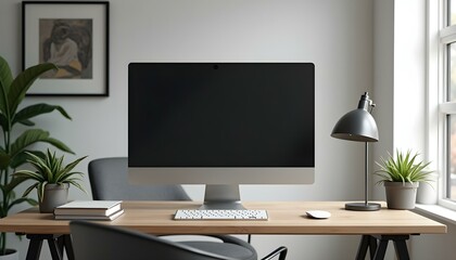 Wall Mural - Modern office desk with blank screen computer monitor, Computer screen mockup, Computer blank screen, Computer  front view screen mockup