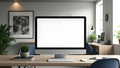 Wall Mural - Modern office desk with blank screen computer monitor, Computer screen mockup, Computer blank screen, Computer  front view screen mockup