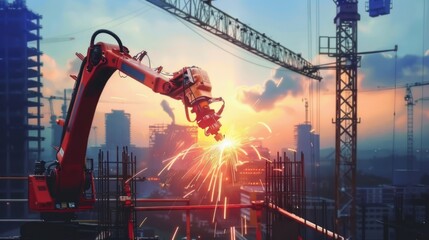 Automated robotic arm performing welding tasks at a construction site with sparks flying in the evening.