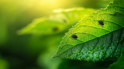 close-up of two tiny black insects on the edge of a green leaf, highlighting macro photography with a sunlit background and high detail of natural infestation