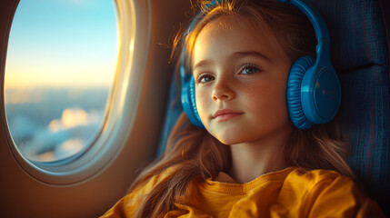 Girl airplane seat window headphones clouds sunset listening. Generative AI