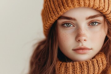 Wall Mural - Close-up portrait of a young woman with red hair and freckles, wrapped in cozy autumn clothing, surrounded by golden leaves. Perfect for seasonal and fashion themes.