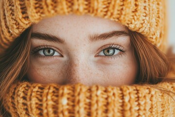 Wall Mural - Close-up portrait of a young woman with red hair and freckles, wrapped in cozy autumn clothing, surrounded by golden leaves. Perfect for seasonal and fashion themes.