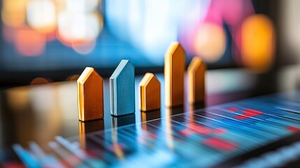 Colorful financial chart with wooden bar graphs representing data growth and analysis in a dynamic business environment.