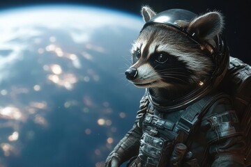 Wall Mural - Astronaut Raccoon: A raccoon in a space suit with a helmet, floating in space with Earth in the background.