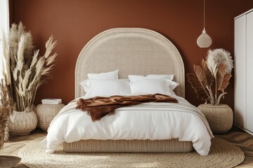 Poster - A stylish hotel bedroom interior featuring a bed, nightstands with decor, and an empty wall