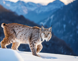 close-up of a lynx walking on the snow in the mountains