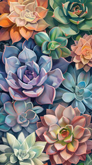 Sticker - A colorful, close-up display of various succulent plants with vibrant gradients and soft textures creating a surreal botanical scene.	