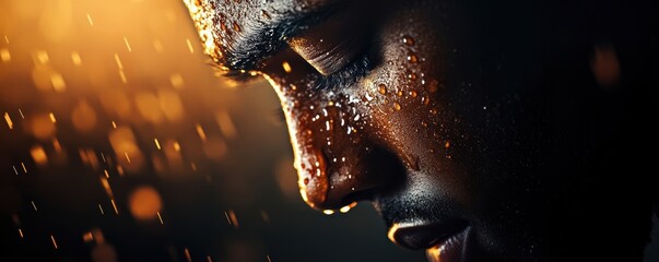 A close-up of a determined face covered in sweat and water droplets, illuminated by warm light, capturing focus and perseverance.