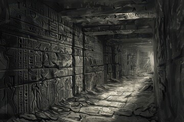 Wall Mural - A Dark and Mysterious Corridor Lined with Ancient Hieroglyphs