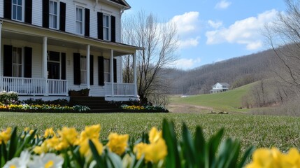 A charming white cottage with black shutters sits on a green lawn, framed by vibrant spring trees and flowers in the background.