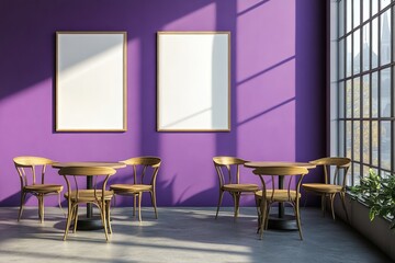 Wall Mural - A 3D rendering of three blank posters on a purple wall in a modern café interior.