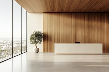 Canvas Print - The interior of a wooden cafe features a bar counter, dining area, and panoramic windows