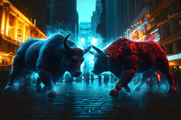 Wall Mural - surreal wall street scene anthropomorphic bull and bear in pinstripe suits trading floor chaos neon ticker tape dramatic lighting tensionfilled atmosphere metaphor for market volatility