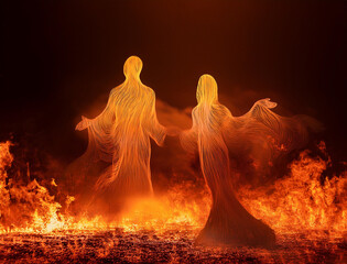 The silhouettes of the spirits of sinners in the flames of hell. Hell fire