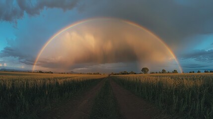 Sticker - vibrant rainbow over lush field in the aftermath of a thunderstorm