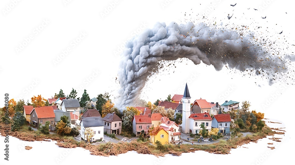 Miniature Town Ravaged by Enormous Tornado - Clipart Style Illustration ...