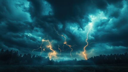 Dramatic Thunderstorm with Lightning Strikes near Forest - Nature's Power and Beauty