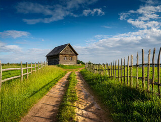 Wall Mural - Landscape with a dirt road between wooden fences leading to an old wooden house in a field with green grass