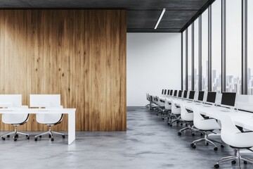 Wall Mural - Business concept, modern open space office with desks and chairs. 3D rendering.