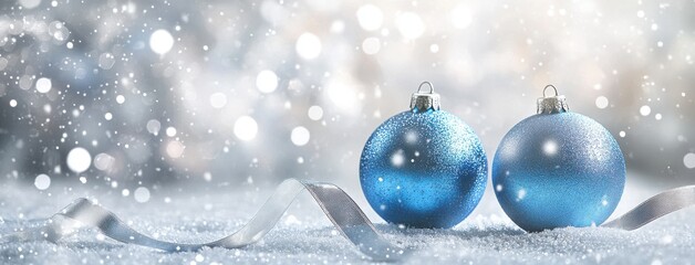 Wall Mural - Light blue Christmas balls and silver decorations on white background with bokeh lights