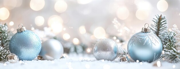 Wall Mural - Light blue Christmas balls and silver decorations on white background with bokeh lights