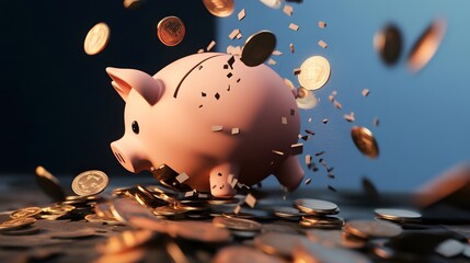 Wall Mural - A pink piggy bank is broken open, with coins spilling out.