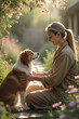 © Nélia Cruz - Woman with a golden retriever sitting in the garden - Animal communication - AI generated