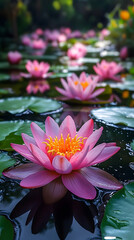 Pink lotus flowers blooming on pond wallpaper