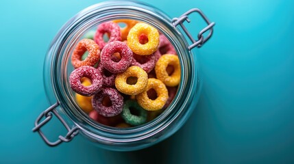 Sticker - A jar of vibrant cereal rings on a blue backdrop, showcasing the playful and sweet nature of this breakfast favorite.