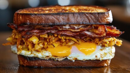 Canvas Print - A mouthwatering bacon, egg, and cheese sandwich with chipotle mayo and hash brown, served on a toasted roll, photographed up close to capture its savory goodness.