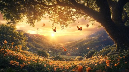 Wall Mural - Radiant sunrise over a lush valley, with ancient trees, a sea of flowers, and butterflies enhancing the serene beauty --ar 16:9 --v 6.1 Job ID: 71700f9b-431a-441e-9b29-9035aa02f4d8