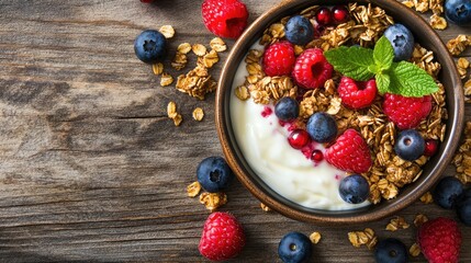 Poster - A nutritious breakfast spread with granola, yogurt, and fresh berries, beautifully displayed on a wooden surface, perfect for promoting healthy eating