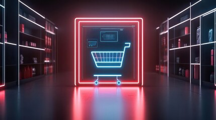 Futuristic shopping cart interface with holographic elements, surrounded by digital products, neon lighting, sleek modern design