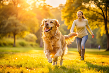 a golden retriever playing fetch with its owner in te park