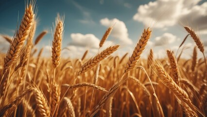 Golden Wheat Stalks in a Field Under a Cloudy Sky