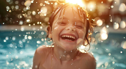 Sticker - A little boy laughing and playing in the pool, splashing water around him with joy