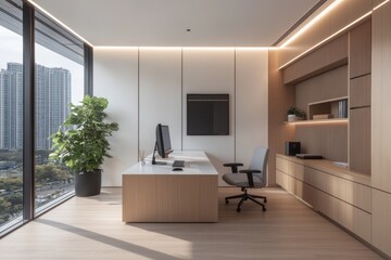 Wall Mural - Interior of modern co-working office with table, desktop computer, window and mockup wall.