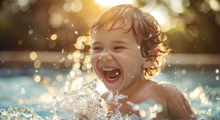 Sticker - A little boy laughing and playing in the pool, splashing water around him with joy