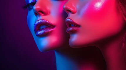 Wall Mural - Two women with long, glittery lips are shown in a purple background. Concept of glamour and beauty, as the women's lips are the main focus of the photo