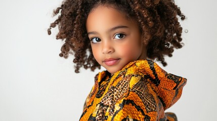 Portrait of a young girl with curly hair and bright eyes, wearing a vibrant yellow and orange patterned jacket, exuding confidence and charm.