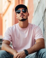 Sticker - A young attractive man sitting with wearing a blank mockup t-shirt, sunglasses, and a black cap,