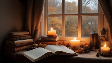 Candlelit Windowsill with Open Book and Autumnal Decor