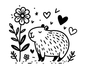 Cute capybara with flowers and hearts in black and white doodle vector illustration