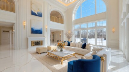 Wall Mural - Luxury living room with a marble coffee table, gold accents, and a chandelier hanging from a high ceiling