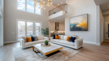 Wall Mural - Luxury living room with a marble coffee table, gold accents, and a chandelier hanging from a high ceiling