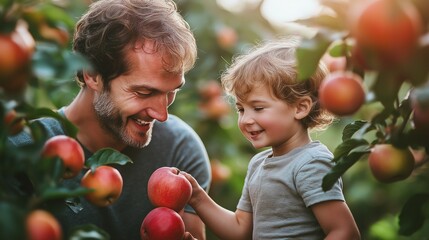 A father and young son picking apples together in an orchard, smiling and enjoying the moment