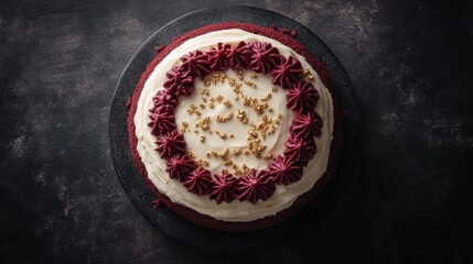 High-resolution top view of a decadent red velvet cake with cream cheese frosting and a touch of edible gold flakes, emphasizing its luxurious presentation.