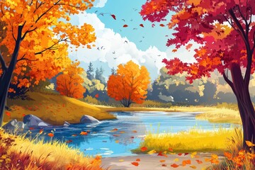 Wall Mural - Autumnal Landscape with a Stream and Vibrant Foliage