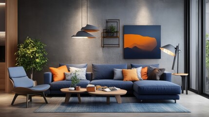 Wall Mural - Urban chic living room with modern furniture, exposed concrete walls, and a stylish, trendy vibe